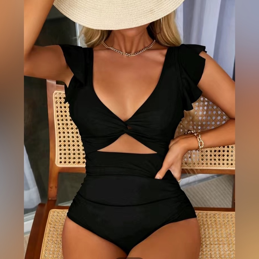 NIB black ruffle sleeve one piece swimsuit